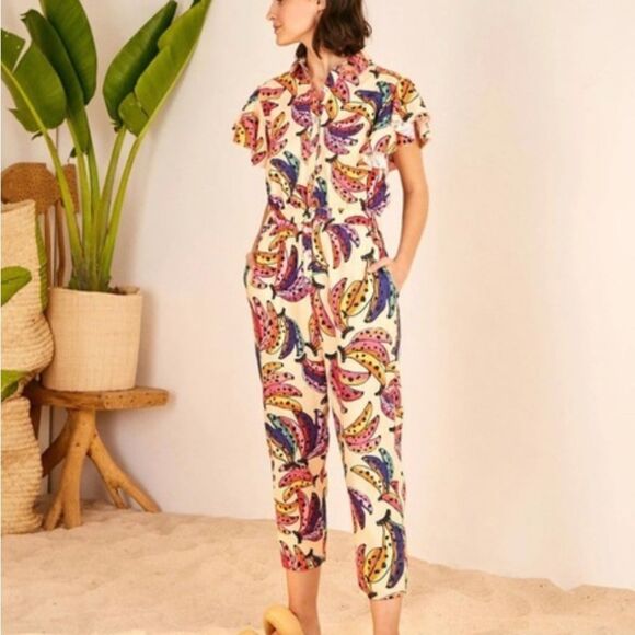 FARM Rio Pink Cream Ruffled Mandarin Collar Jumpsuit - Picture 12 of 12